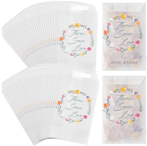 Wedding Confetti Bag, Glassine Envelope for Party Favour, Flower Style | Compact Flat Format, Printed Flower Design, Suitable for Candy, Petal, Note and Small Keepsakes for Wedding Bridal Shower