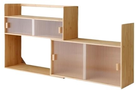 bokförvaring Infällbar skrivbordsbokhylla, justerbar displayhylla i bambu, med skjutdörrsskåp i glas, for kontorsstudier i vardagsrummet bokhyllor
