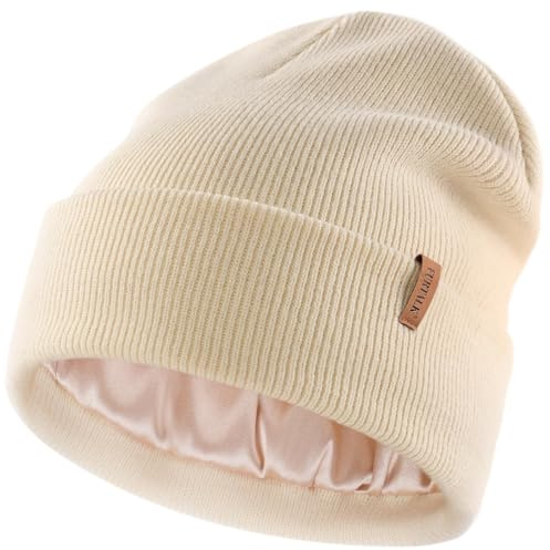 FURTALK Damen Winter Warm Satin Gefüttert Beanie Mütze Seidenfutter Strickmütze Unisex Gestrickt Wintermütze Beige