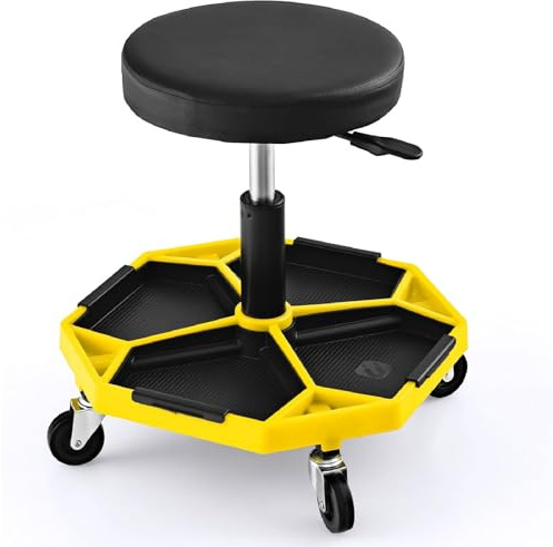 Taburete mecánico neumático rodante, altura ajustable, giratorio, resistente, capacidad de 150 kg, silla acolchada para garaje y taller