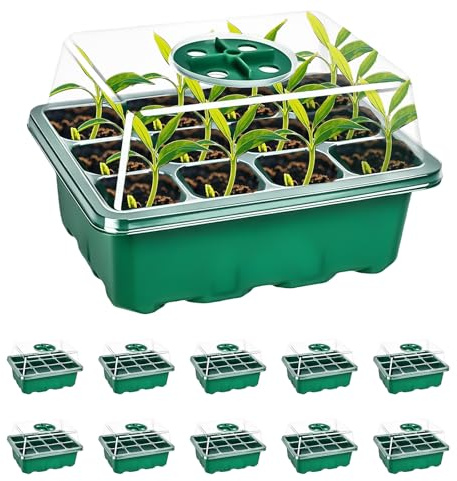Zimmergewächshaus Anzuchtkasten, 10 Stück 120 Zellen Mini Gewächshaus Anzucht Set, Setzling Starter Tabletts Treibhaus Anzuchtschale mit Belüftung und Bruchsicherer Deckel Grün