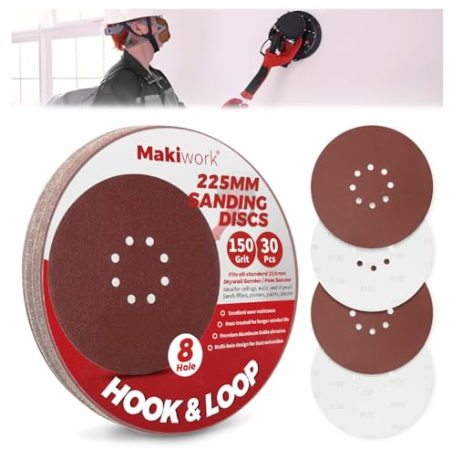 Makiwork 30PCS 9-Inch 8-Hole 150 Grit Hook & Loop Sanding Discs – Heavy-Duty Aluminum Oxide Sandpaper for Drywall Sander, Paint Removal, Wood & Metal Surface Prep