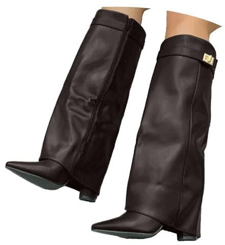Stivali da Donna al Polpaccio con A Blocco Stivali Gamba Larga in Pelle con Risvolto Stivaletti A Punta Boots Eleganti per Autunno Invernale