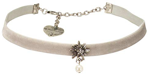 Alpenflüstern Trachten-Samt-Kropfband Strassedelweiss Perle - nostalgische Trachtenkette enganliegend, Kropfkette elastisch, Damen-Trachtenschmuck, Samtkropfband schmal grau DHK264