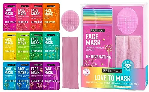 Freeman 14 Piece Love To Mask Variety Pack, Facial Masks For All Skin Types, Hydrate, Detoxify, & Clear Skin, Exfoliating Scrub, Bonus Headband and Skin Buffer, Face Masks Are Cruelty-Free & Vegan