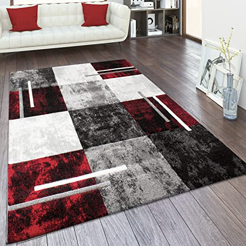 Paco Home Alfombra Salón Pelo Corto Efecto 3D Vintage Perfil Contorneado Motivo Moderno, tamaño:160x230 cm, Color:Gris-Rojo