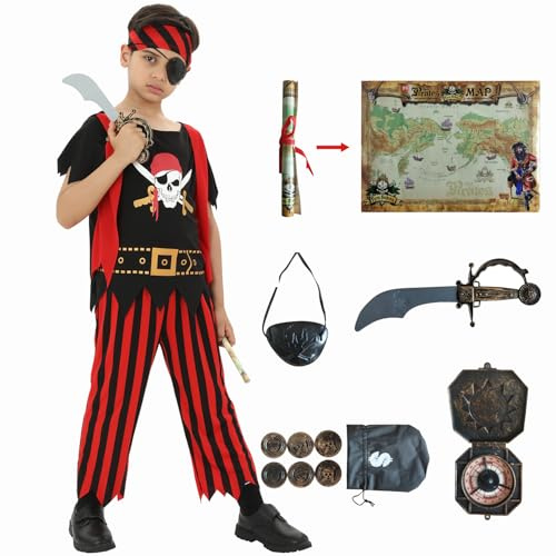 Rabtero Costume de Pirate pour les enfants, costume de pirate de luxe pour les garçons, jeu de rôle de pirate de 8 pièces, costume de Pirate et accessoires pour les enfants de 8-10 ans