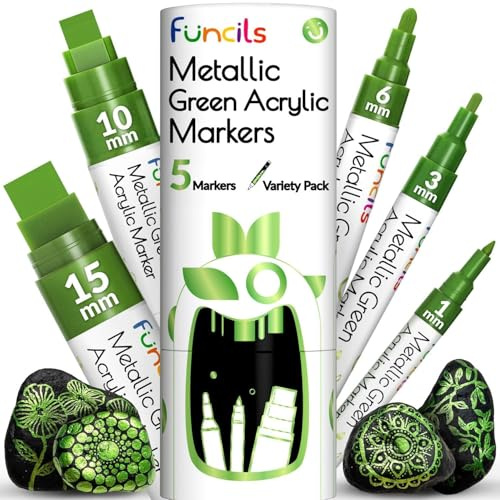 Funcils 5 Green Paint Markers - Metallic Acrylic Pen for Rock Painting | Extra Fine Tip, Thin & Jumbo (1mm, 3mm, 6mm, 10mm, 15mm) - Permanent Marker for Fabric, Metal, Plastic, Canvas, Wood, Glass