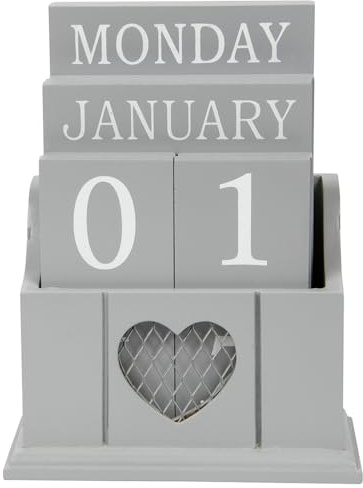 Wooden Desk Perpetual Calendar With Date Day and Month Blocks, Stylish Chic Grey Finish With Heart Detail