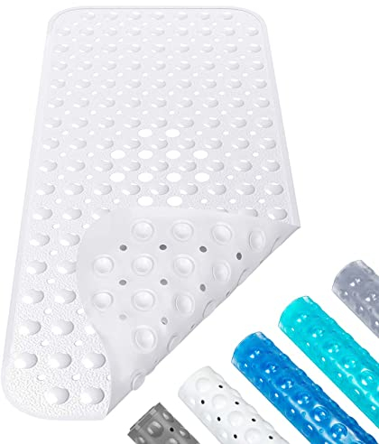 Baozun Tappetino Antiscivolo per Vasca da Bagno e Doccia,100 x 40cm Extra Lungo con Ventose Bath Mat Universale per Bagno, in PVC,Antibatterico,Resistente alla Muffa (Bianco)