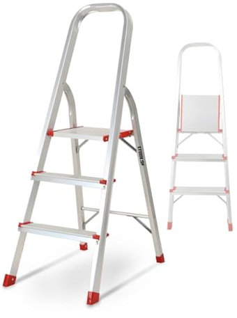 Escabeau à 3 marches BM TOOLS BMT-ESC3-ALU - Haut. de Travail : 59 cm - Prend Peu de Place et se Range Facilement - en Aluminium