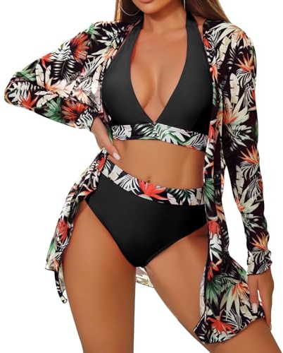 TERODACO 3 Piece Womens Bikini Sets Swimming Costume 6011 Black S