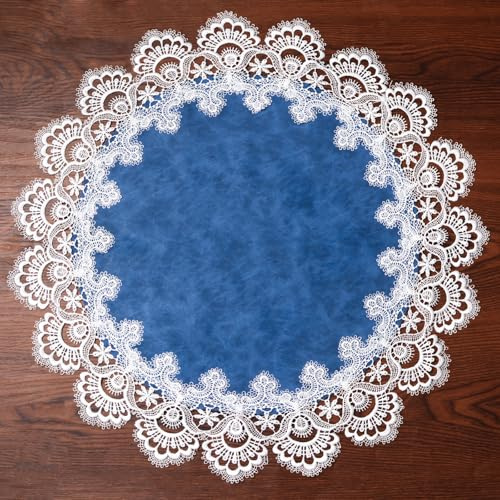 URROMA Napperon Rond élégant en Dentelle Jacquard Bleu au Crochet pour décoration de Table de Maison, Commode, Table à Manger, 60 cm