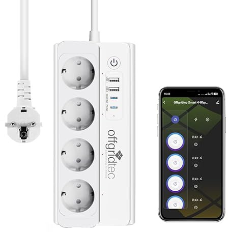 Offgridtec Set om 4 smarta WiFi-grenuttag med 4 uttag vardera + 2 USB-A och 2 USB-C, appstyrd via Smart Life/Tuya, strömövervakning i realtid, Alexa/Google, 16 A/3680 W, 1,5 m kabel