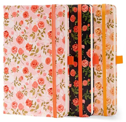 3 stycken anteckningsböcker i A5-prickig linjerade Wild Rose Thema – A5-anteckningsbok med prickrutnät för att skriva – 200 sidor, 100 ark – inbunden i presentbok – som bullet journal, dagbok
