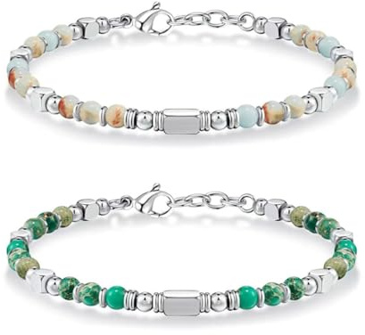 OPIURVY 2 pulseras de cuentas, pulsera bohemia de piedra natural y acero inoxidable para mujer, regalo de cumpleaños, regalo para mujer.