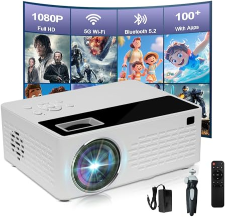 [App integrate] 5G WiFi Bluetooth Smart Projector, viene fornito con un mini supporto, mini proiettore con altoparlante stereo, supporto 4K HD proiettore portatile, compatibile con TV Stick Smartphone