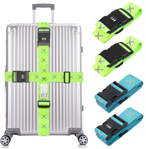 Dulynva 4 Piezas Correa Maleta, Correas para Equipaje con Cerradura de Combinación, Correa para Maletas de Viaje Reflectante Cinturones de Equipaje Cinta para Maleta de Viaje Mochilas (Azul, Verde)