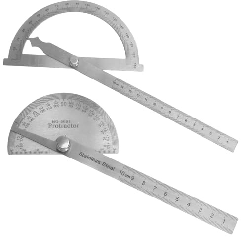 TMZELOA Set de 2 Transportadores de Acero Inoxidable, Medidor de Ángulos 0-180° con Regla Semicircular 360° Ajustable 15cm/10cm, Herramienta de Medición para Carpintería y Trabajos en Madera