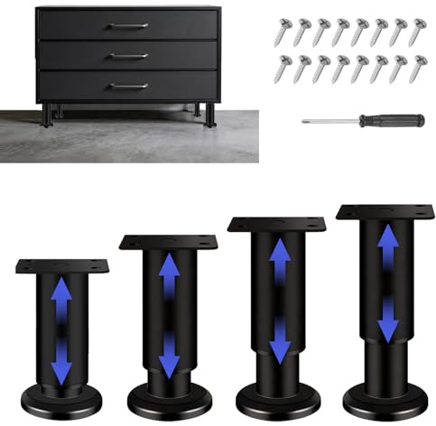 Aiseeok 4 Pezzi Piedini per Mobili Regolabili in Altezza 25-40 cm, Metallo Nero Gambe per Mobili con 16 Viti, Supporto per Tavolo Sedia Divano Letto Armadio Comodino Armadietti