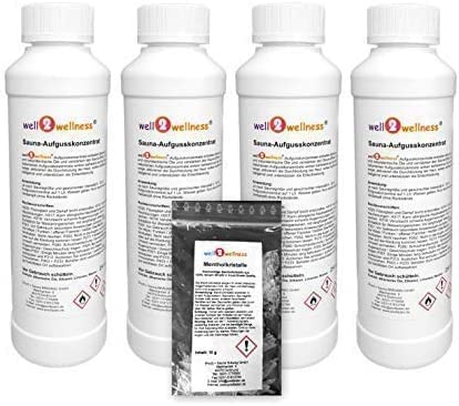 Well2wellness ® Set Esencias Sauna 4 X 250ML con Ingwer-Citro, Limette-Bambus, Mango-Maracuja, Casís + Gratis 10g Mentol