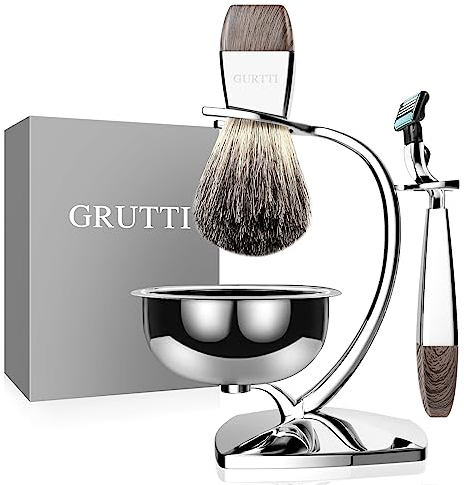 GRUTTI Rasierset, Rasierhobel Ständer mit Rasierschale und Dachshaar-Rasierpinsel und Rasierapparat Kompatibel mit Mach 3, Deluxe Rasiermesser und Pinselhalter aus Chrom