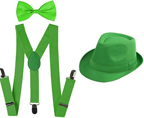 Juego 3 de Tirantes Elásticos Pajaritas Ajustables y Sombrero de Copa para Niños Adultos Fiesta Carnaval (Verde, Pack niño/sombrero 54cm)