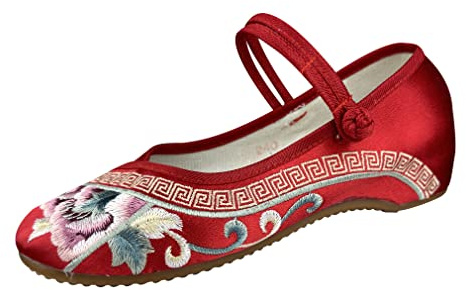 eYLun Women Embroidered Shoes Flats Floral Comfortable Ballet Flats Shoes Round Toe Mary Jane Shoes Red Size 8