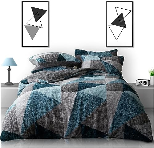 GC GAVENO CAVAILIA Teddy Duvet Cover Double - Fluffy Fleece Bedding Set - 100% Polyester Warm Cosy Duvet Cover Set - Green/Grey