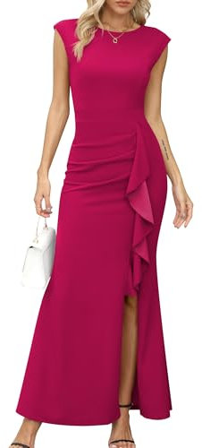 Missufe Robe de bal pour femme - Robe de soirée maxi - Manches ailes - Robe de cocktail à volants - Fendue - Sirène - Moulante - Robe de mariage, Rouge rose, M