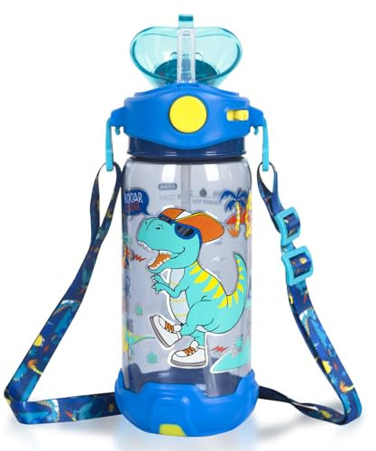 PinkSheep Kids Water Bottle with Straw/Lanyard, 650ml Child Drinking Water Bottle, BPA Free Leak-Proof Locking Flip Lid for Kids Girls Boys School Sport Travel (Dinosaur B)