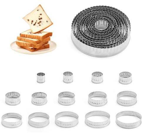YFaith Moldes de Galletas, 14 Piezas Acero Inoxidable Cortapastas, Borde Redondo Ondulado Cortador de Galletas, 14 Tamaños Círculos Cortadores de Galletas, para Hacer Pasteles, Galletas