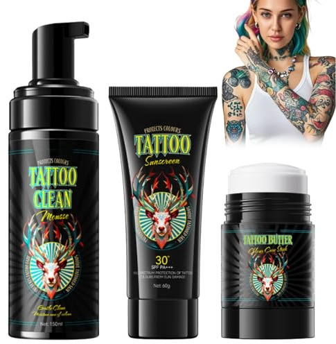 Tattoo Aftercare Skincare Set - Tattoo Kit - Tattoo Artist Gifts with Body Butter & Foam Cleanser & Body Sunscreen - Ta_ttoo Care for Color Enhancement -Vegan, Cruelty-Free