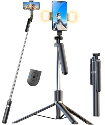Selfie Stick Tripod with 2 Fill Lights, 71 Inch 180cm Extendable and Portable Selfie Stick with Detachable Wireless Remote Compatible with iPhone 16 15 14 13 12 11/Smartphones