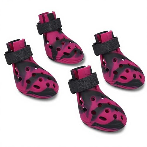 BassGaa Dog Shoes for Hot Pavement and Snow, Silicone Dog Booties for Small Medium Large Dogs, Waterproof Paw Protectors- Non-Slip, Adjustable Straps, Dog Boots for Beach/Rain/Hiking (Black Pink, L)