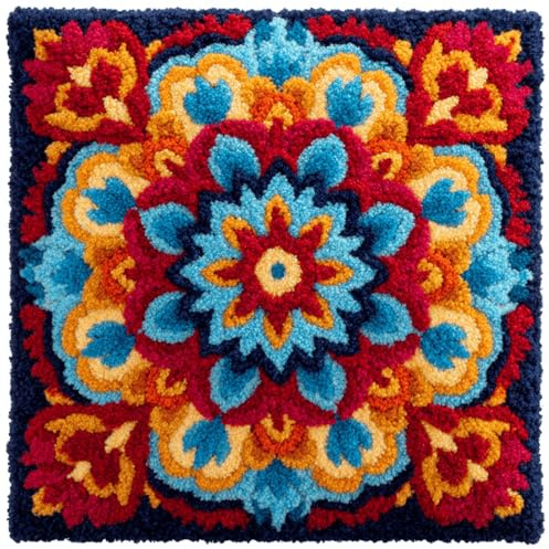 XDEGHUANGSS Kit de coussin latch hook 43x43 cm,Tapisserie point noué DIY avec motif pré-imprimé,kit de broderie fait main pour débutants et adultes,décoration intérieure(Fleurs de Bohème)