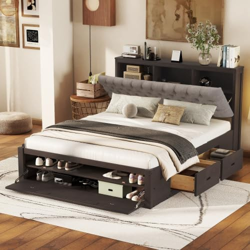 Bellemave Queen Size Platform Bed with 4 Drawers & Upholstered Storage Headboard, Wooden Queen Bed Frame with Storage Shoe Rack (Espresso/4 Drawers)