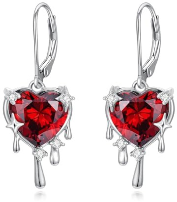Boucles d'oreilles en forme de cœur pour femme en argent sterling avec pierre de naissance Rouge