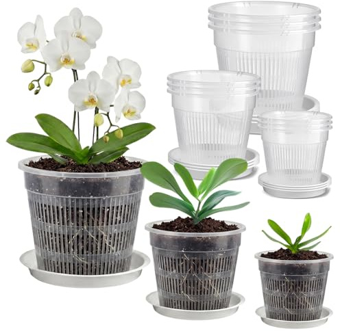 Eulihent Set di 9 Vaso Trasparente per Orchidee, Vasi per Orchidee, Vaso Plastica Trasparente con Fori di Drenaggio e Piattini, per Interni ed Esterni, Ideale per Phalaenopsis, Dendrobium(11/14/16 cm)
