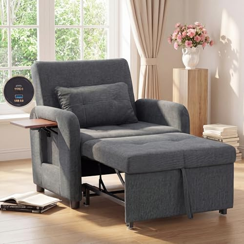 COLAMY Compact Recliner Armchair with USB Port & Side Table, Space Saving Sleeper Chair with Pull-Out Footrest, Adjustable Lounge Sofa Bed Chair for Small Living Room Bedroom Flat,Dark Grey