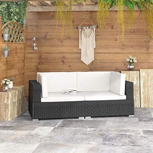 Tidyard Divano da Giardino 2 Posti in Rattan Nero/Grigio, Modulare e ad Angolo per Esterno, 140x70x54 cm