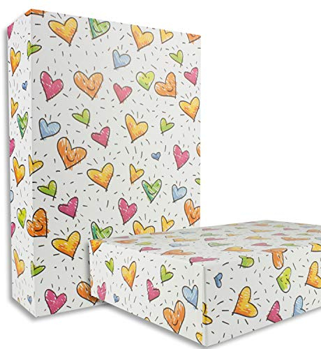 Hochwertige Aufbewahrungs- und Geschenkboxen - 1 Stück - DIN A4 - Motiv bunte Herzen bezogen - 302 x 213 x 70 mm