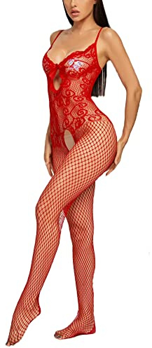 Difference U Fishnet Stockings tights High Pantyhose Bodysuit Bodystocking Lingerie for Women (red -B, one size)