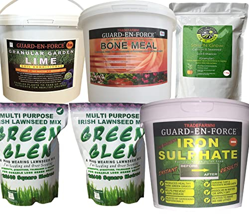 GUARD-EN-FORCE Gardening Multi Pack - 5KG Iron Sulphate, 5KG Bone Meal, 5KG Lime, 1.75KG Organic Calcium and Seaweed Soil Enhancer, and 1.5KG Premium Lawn Seed