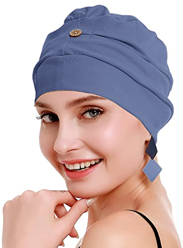 osvyo Baumwolle Chemo Kopfbedeckung für Damen Krebs Haarausfall Hut - Baumwolle Leichte Kopfbedeckung Versiegelte Verpackung BLAU GRAU