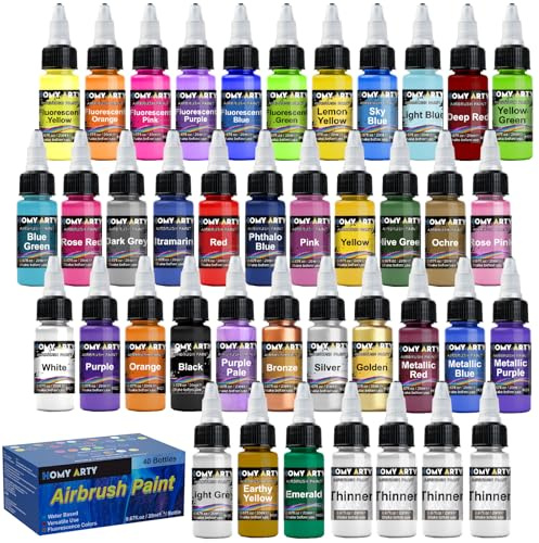 HOMY ARTY Peinture à L'aérographe - 36 Couleurs Et 4 Diluants Pour Peinture Aérographe, Peintures À Brosses À Air En Acrylique Pour Les Modèles En Métal, En Plastique, 40 bouteilles