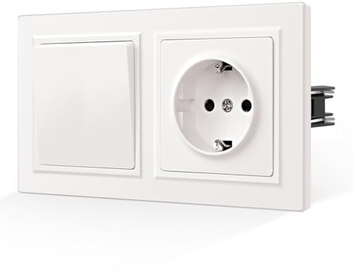 CNBINGO Enchufe Schuko e interruptor de luz con garras, interruptor basculante de 1 vía, empotrado, protección de contacto, enchufe de pared con protección para niños, placa mate respetuosa con la