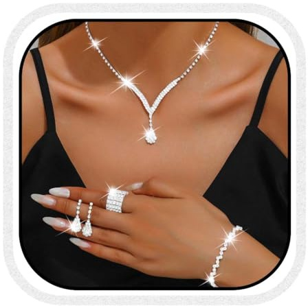 Reaky Bridal Jewelry Set Silver Necklace and Earring Sets 4 Pcs Rhinestone Wedding Jewellery Accessories for Women (Silver)