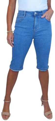 Jeans Capri Mujer Talle Alto Arriba de la Rodilla con Puño Azul 38-50 (50)