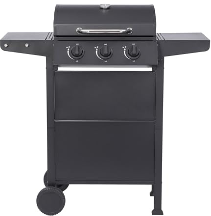 BBQ Kingdom™ 3-Burner Gas BBQ Grill with Wheels, Steel, Warming Rack, Removable Grease Tray, Includes Regulator and Waterproof Cover, Utensil Hooks,104 cm Wide